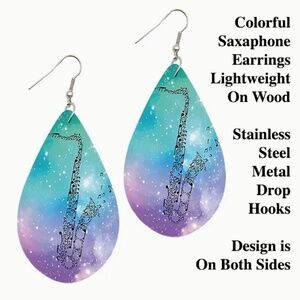 Saxaphone Teardrop Lightweight Wood Drop Earrings -On Colorful Background - NWT